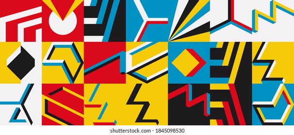 Abstract geometric vector pattern made with simple 3d shapes and bright and vivid colors. Geometrical composition, useful for web design, business card, invitation, poster, textile print, background.