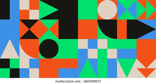 Abstract geometric vector pattern made with simple shapes and bright and vivid colors. Geometrical compositixon, useful for web design, business card, invitation, poster, textile print, background.