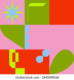 Abstract geometric vector pattern made with simple shapes and bright and vivid colors. Geometrical composition, useful for web design, business card, invitation, poster, textile print, background.
