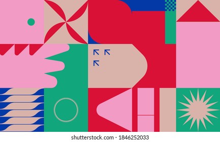 Abstract geometric vector pattern made with simple shapes and bright and vivid colors. Geometrical composition, useful for web design, business card, invitation, poster, textile print, background.