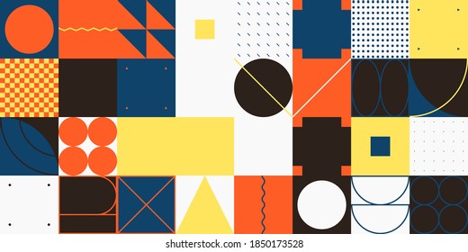 Abstract geometric vector pattern made with simple shapes and bright and vivid colors. Geometrical composition, useful for web design, business card, invitation, poster, textile print, background.