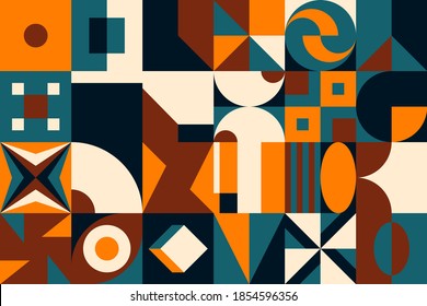 Abstract geometric vector pattern made with simple shapes and bright and vivid colors. Geometrical composition, useful for web design, business card, invitation, poster, textile print, background.