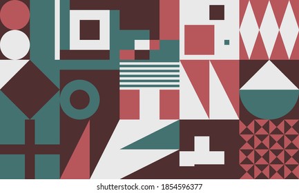 Abstract geometric vector pattern made with simple shapes and bright and vivid colors. Geometrical composition, useful for web design, business card, invitation, poster, textile print, background.