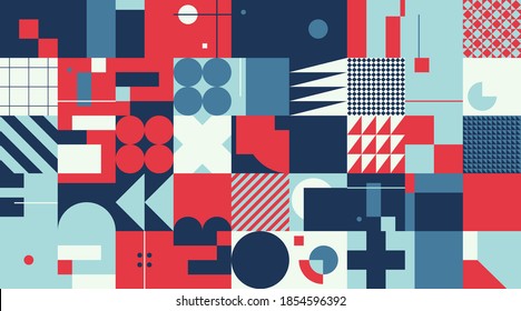 Abstract geometric vector pattern made with simple shapes and bright and vivid colors. Geometrical composition, useful for web design, business card, invitation, poster, textile print, background.