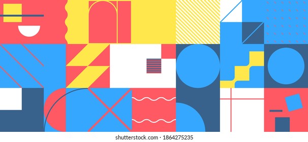 Abstract geometric vector pattern made with simple shapes and bright and vivid colors. Geometrical composition, useful for web design, business card, invitation, poster, textile print, background.