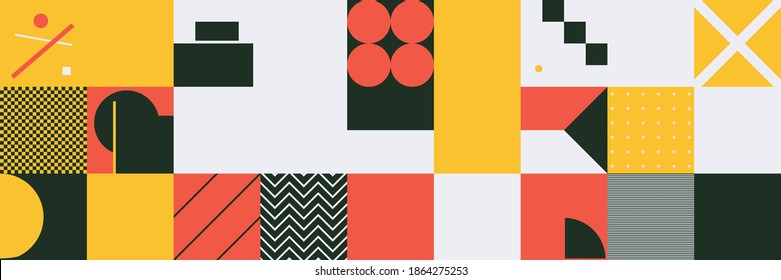 Abstract geometric vector pattern made with simple shapes and bright and vivid colors. Geometrical composition, useful for web design, business card, invitation, poster, textile print, background.