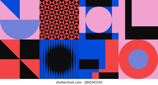 Abstract geometric vector pattern made with simple shapes and bright and vivid colors. Geometrical composition, useful for web design, business card, invitation, poster, textile print, background.