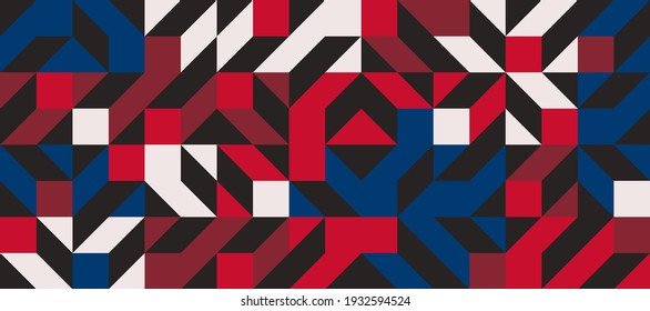 Abstract geometric vector pattern made with simple shapes and bright and vivid colors. Geometrical composition, useful for web design, business card, invitation, poster, textile print, background.
