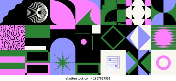 Abstract geometric vector pattern made with simple shapes and bright and vivid colors. Geometrical composition, useful for web design, business card, invitation, poster, textile print, background.