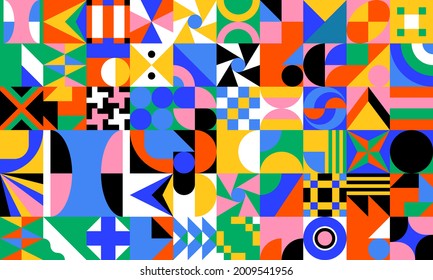 Abstract geometric vector pattern made with simple shapes and bright and vivid colors. Geometrical composition, useful for web design, business card, invitation, poster, textile print, background.