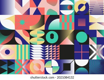 Abstract geometric vector pattern made with simple shapes and bright and vivid colors. Geometrical composition, useful for web design, business card, invitation, poster, textile print, background.