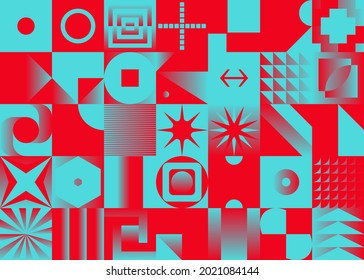 Abstract geometric vector pattern made with simple shapes and bright and vivid colors. Geometrical composition, useful for web design, business card, invitation, poster, textile print, background.