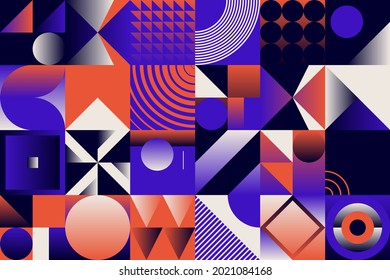 Abstract geometric vector pattern made with simple shapes and bright and vivid colors. Geometrical composition, useful for web design, business card, invitation, poster, textile print, background.