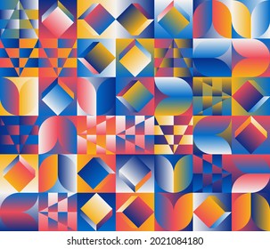 Abstract geometric vector pattern made with simple shapes and bright and vivid colors. Geometrical composition, useful for web design, business card, invitation, poster, textile print, background.