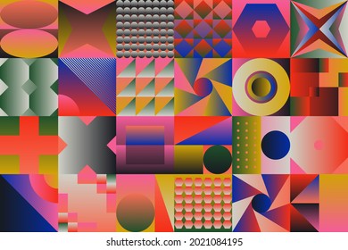 Abstract geometric vector pattern made with simple shapes and bright and vivid colors. Geometrical composition, useful for web design, business card, invitation, poster, textile print, background.