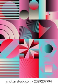 Abstract geometric vector pattern made with simple shapes and bright and vivid colors. Geometrical composition, useful for web design, business card, invitation, poster, textile print, background.