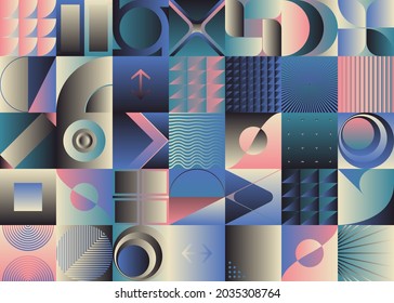 Abstract geometric vector pattern made with simple shapes and bright and vivid colors. Geometrical composition, useful for web design, business card, invitation, poster, textile print, background.