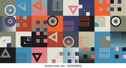 Abstract geometric vector pattern made with simple shapes and bright and vivid colors. Geometrical composition, useful for web design, business card, invitation, poster, textile print, background.