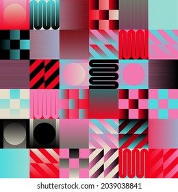 Abstract geometric vector pattern made with simple shapes and bright and vivid colors. Geometrical composition, useful for web design, business card, invitation, poster, textile print, background.