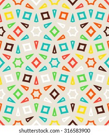 Abstract geometric vector pattern in multiple bright colors. Elegant vector background with geometric shapes and arabic motifs. Chic print for spring summer fashion, wrapping paper. Seamless texture