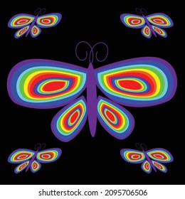 Abstract geometric vector pattern. On a black background, five flying rainbow butterflies.