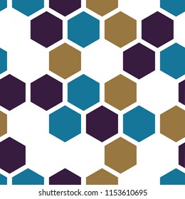 abstract geometric vector pattern, seamless, honeycomb, hexagon,violet, blue ocher on white background