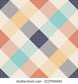 Abstract geometric vector pattern. Seamless multicolored pixel buffalo check tartan plaid print with polka dots in blue, turquoise, orange, yellow, beige for spring summer tablecloth, picnic blanket.