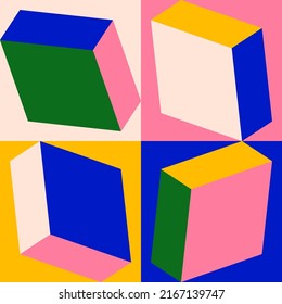 Abstract geometric vector pattern with simple 3d shapes and bright colors. Geometrical composition, useful for web design, business card, invitation, poster, textile print, background.
