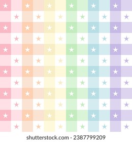 Abstract geometric vector pattern with star print in rainbow pastel colors, pink, orange, yellow, green, blue, purple. Seamless summer checkered pattern for gift paper, mat, fabric, textile.