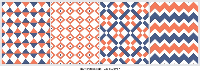 Abstract Geometric Vector Patterns. Dark Blue and Orange Triangles, Squares, Lines, Chevron and Zigzags Isolated on a White Background. Irregular Geometric Repeatable Vector Print ideal for Fabric.
