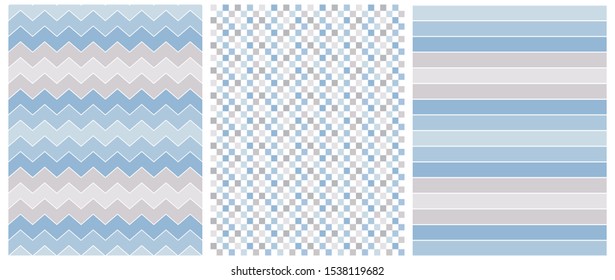 Abstract Geometric Vector Prints.Pastel Blue and Gray Stripes, Chevron and Grid Isolated on a White Background. Blue Zigzags on a White. Lovely Stripped Repeatable Vector Design.Cute Checkered Layout.