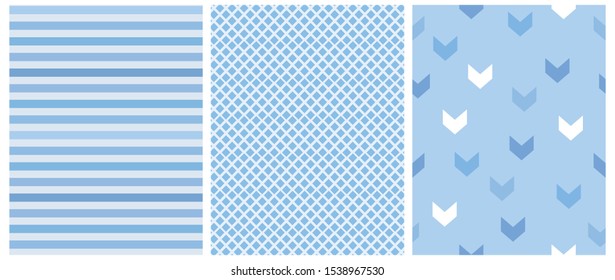 Abstract Geometric Vector Prints.Pastel Blue and White Stripes, Arrows and Grid Isolated on a Blue Background. Lovely Stripped Repeatable Vector Design. Cute Checkered Layout.