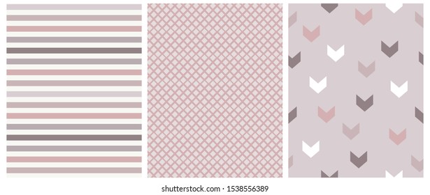 Abstract Geometric Vector Prints.Pastel Pink, Brown and White Stripes, Arrows and Grid Isolated on a Blush Pink Background. Lovely Stripped Repeatable Vector Design. Cute Checkered Layout.