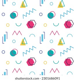 Abstract geometric vector seamless 80s or 90s background pattern. Memphis style. Bright and colorful.