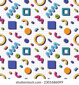 Abstract geometric vector seamless 80s or 90s background pattern. Memphis style. Bright and colorful.