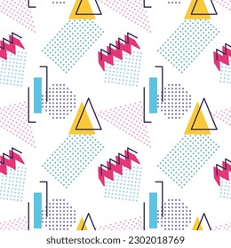 Abstract geometric vector seamless 80s or 90s background pattern. Memphis style. Bright and colorful.