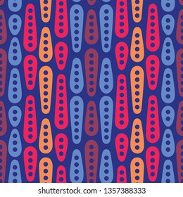 Abstract geometric vector seamless pattern. Simple colorful ornament on dark blue background. Can be printed and used as wrapping paper, wallpaper, textile, fabric, etc.
