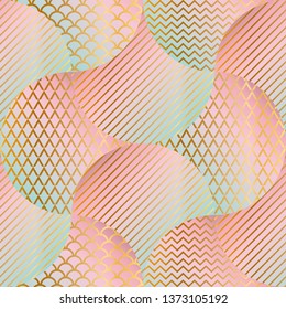 Abstract geometric vector seamless pattern. Gradient shapes with golden lines, zig zags. Blending colors trendy texture. Overlapping fluid forms. Elegant wallpaper, wrapping paper design