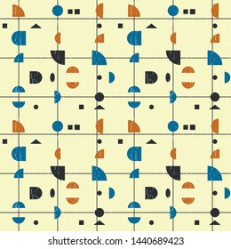 
Abstract geometric vector seamless pattern inspired by mid-century modern fabrics. Simple shapes and lines in retro pastel colors and textured background. Clipping mask is used for easy editing.
