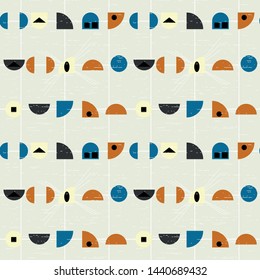 
Abstract geometric vector seamless pattern inspired by mid-century modern fabrics. Simple shapes and lines in retro pastel colors and textured background. Clipping mask is used for easy editing.
