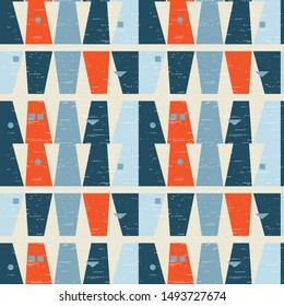 Abstract geometric vector seamless pattern inspired by mid-century modern fabrics. Simple shapes and lines in retro pastel colors. Clipping mask is used for easy editing. Eps 10 vector.