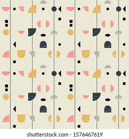 Abstract geometric vector seamless pattern inspired by mid-century modern fabrics. Simple shapes and lines in retro pastel colors and textured background. Clipping mask is used for easy editing. 