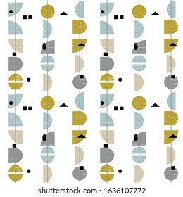 Abstract geometric vector seamless pattern inspired by mid-century modern fabrics. Simple shapes and lines in retro pastel colors and textured background. Clipping mask is used for easy editing.