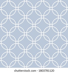 Abstract geometric vector seamless pattern. White crossing circles on blue grey background. Abstract arabic floral pattern. Vector illustration. Simple design for fabric, wallpaper, scrapbooking