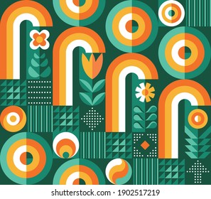 Abstract geometric vector seamless pattern. Flowers in garden. Background illustration graphic design. Scandinavian style. 