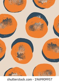 Abstract Geometric Vector Seamless Pattern. Dark Blue and Orange Hand Drawn Dots Isolated on a Dusty Beige Background. Simple Grunge Dotted Print ideal for Fabric, Textile. 