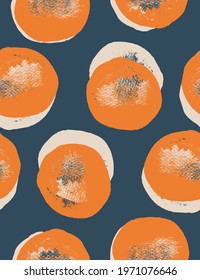 Abstract Geometric Vector Seamless Pattern. Beige and Orange Hand Drawn Dots Isolated on a Dark Blue Background. Simple Grunge Dotted Print ideal for Fabric, Textile. 