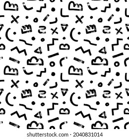 Abstract geometric vector seamless pattern. Various retro elements in Memphis style. Hand drawn curved and zigzag lines, circles, triangles. Memphis design, retro elements for fabrics, textile, web