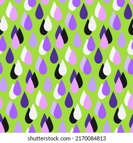 Abstract geometric vector seamless pattern. Ornament of violet drops on green background. Best for textile, print, wrapping paper, package and home decoration.