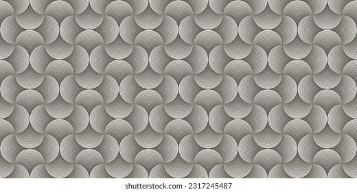 Abstract geometric vector seamless pattern with rounded lines. The repeating multi-coloured shape of fish scales is like a tile. Endless background for print. Moiré Effect Design element